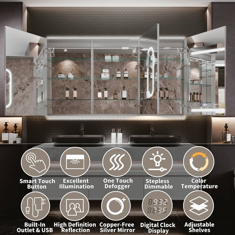 36'' H Recessed or Surface Mounted Bathroom LED Mirror Cabinet With Defogger, Dimmer, 10x magnifying