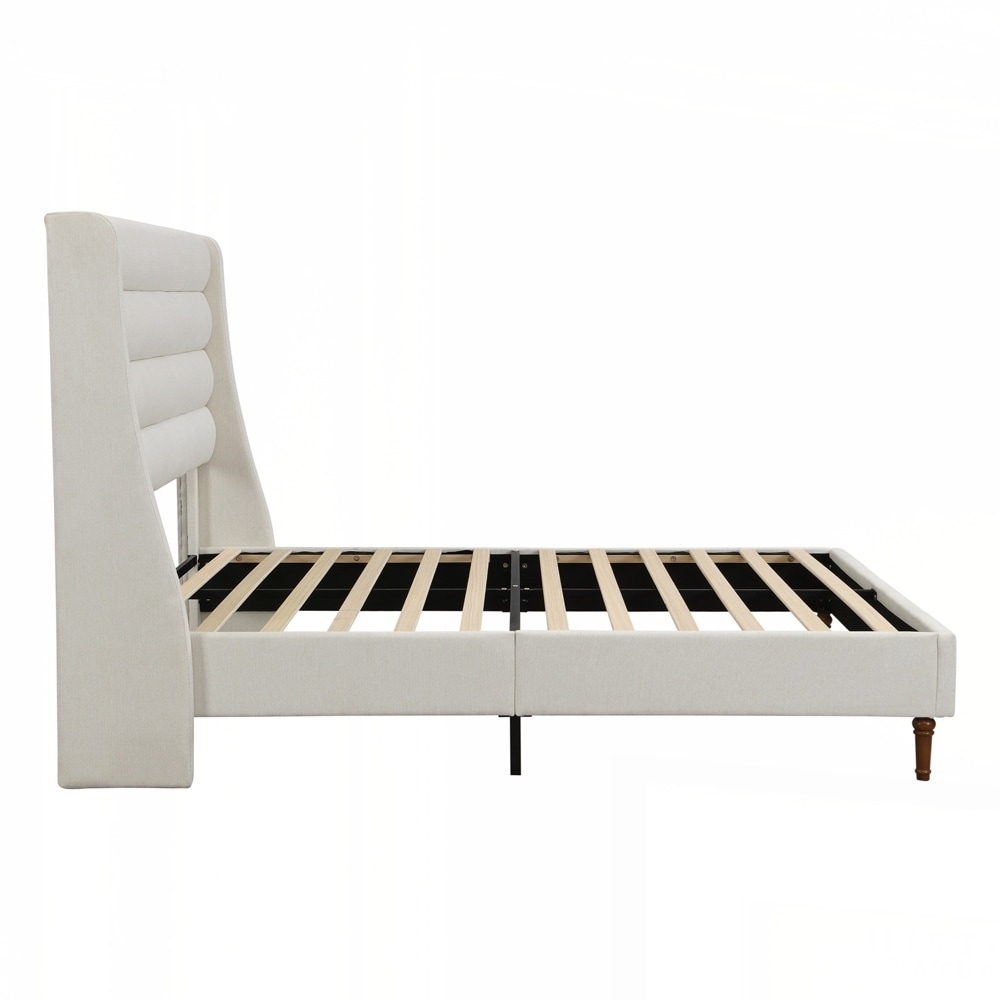 Bed Frame High Headboard Upholstered Platform Bed with Wave - Shaped Headboard