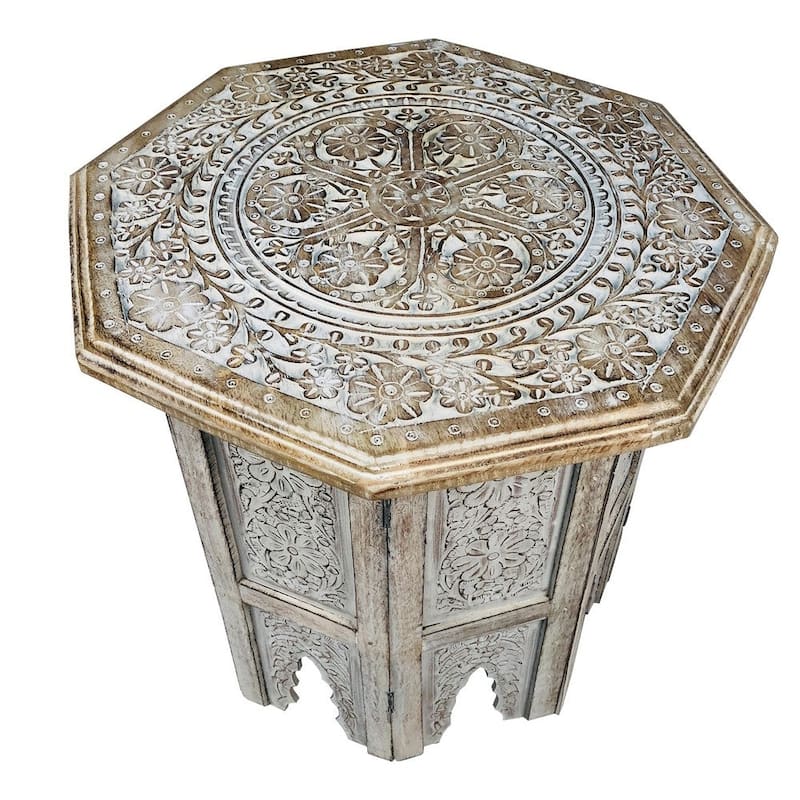 Farmhouse Wooden Side Table with Engraved Design and Octagonal Top, Antique Brown - 18 H x 18 W x 18 L Inches