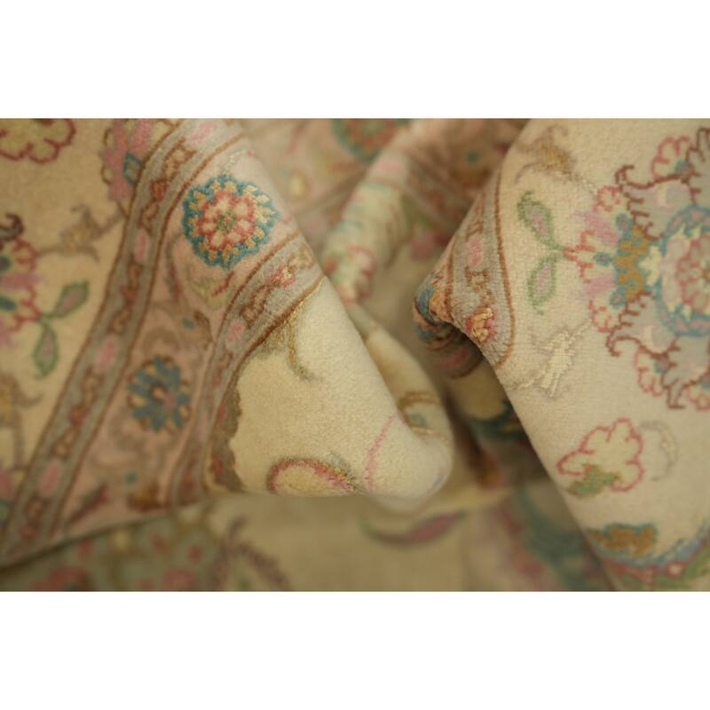 Hand Knotted Oriental Wool & Silk Carpet Traditional All-Over Beige & Ivories Tabriz Area Rug - 9' 9'' X 6' 8''