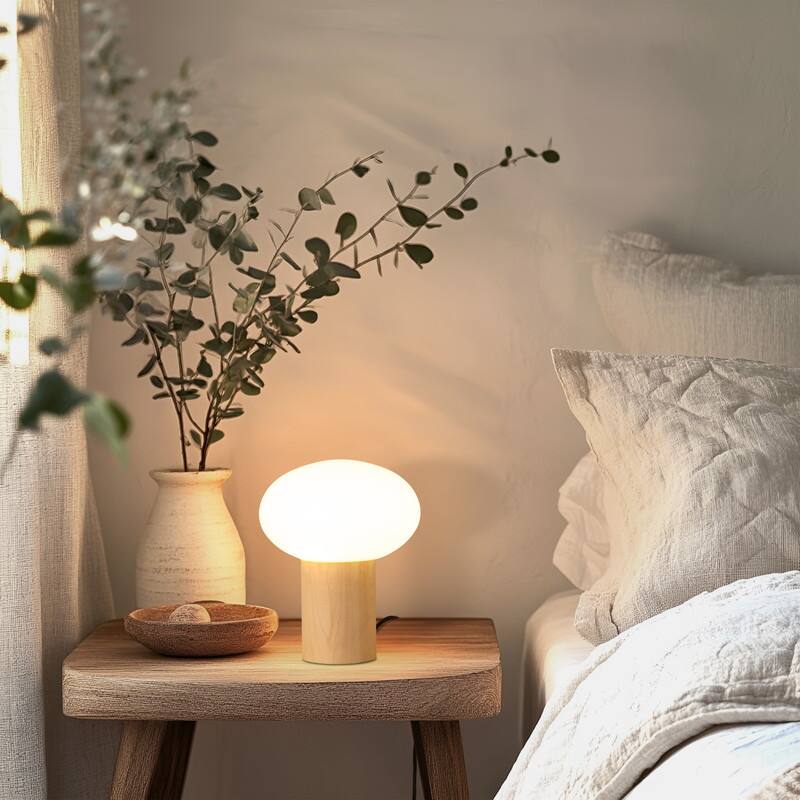 Brightech Ivy LED Glossy Wood Midcentury Round Globe Dimmable Bedside Nightstand Desk Lamp