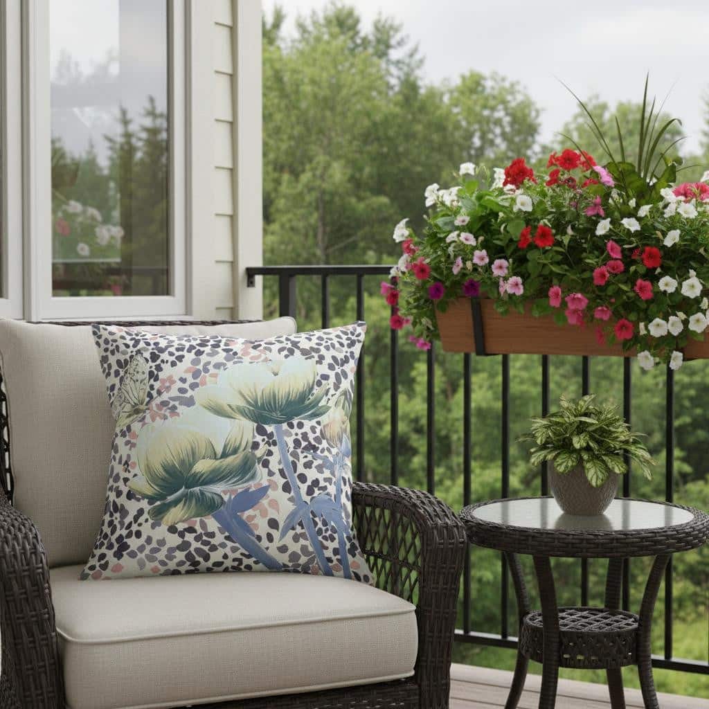 HomeRoots 16" x 16" Green and Black Butterfly Blown Seam Floral Indoor Outdoor Throw Pillow - 16.00' X '5.00' X '16.00