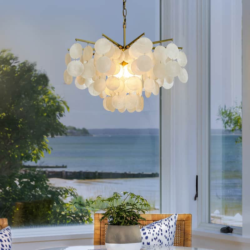 Cone Shape Tier Coastal Capiz Shells Chandelier With Antique Gold Metal
