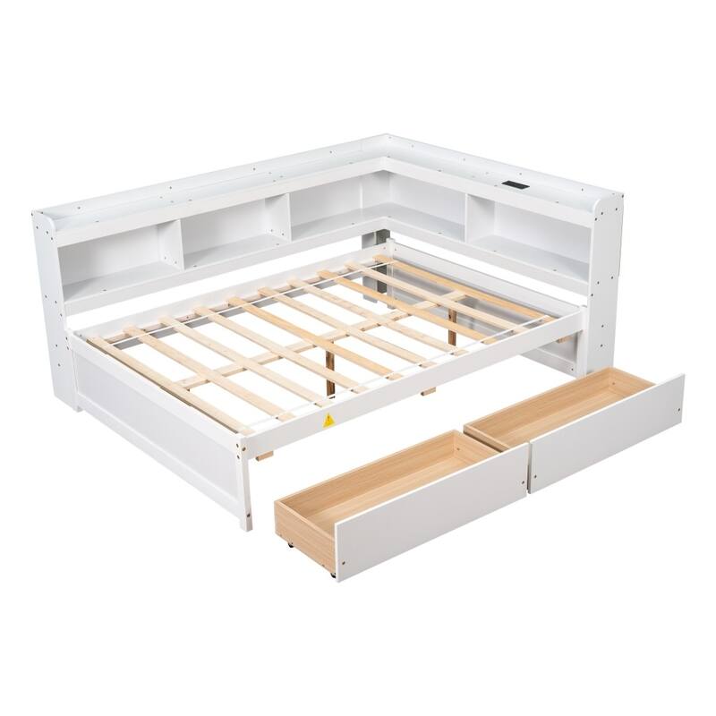 Full Size L-shaped Bookcases Bed with Power Outlets, USB Charging Ports and Two Drawers