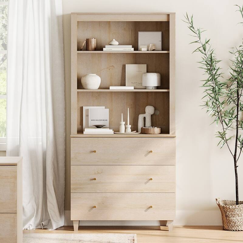 Modern 71" Tall Bookcase with Drawers & Open Shelves for Home Office