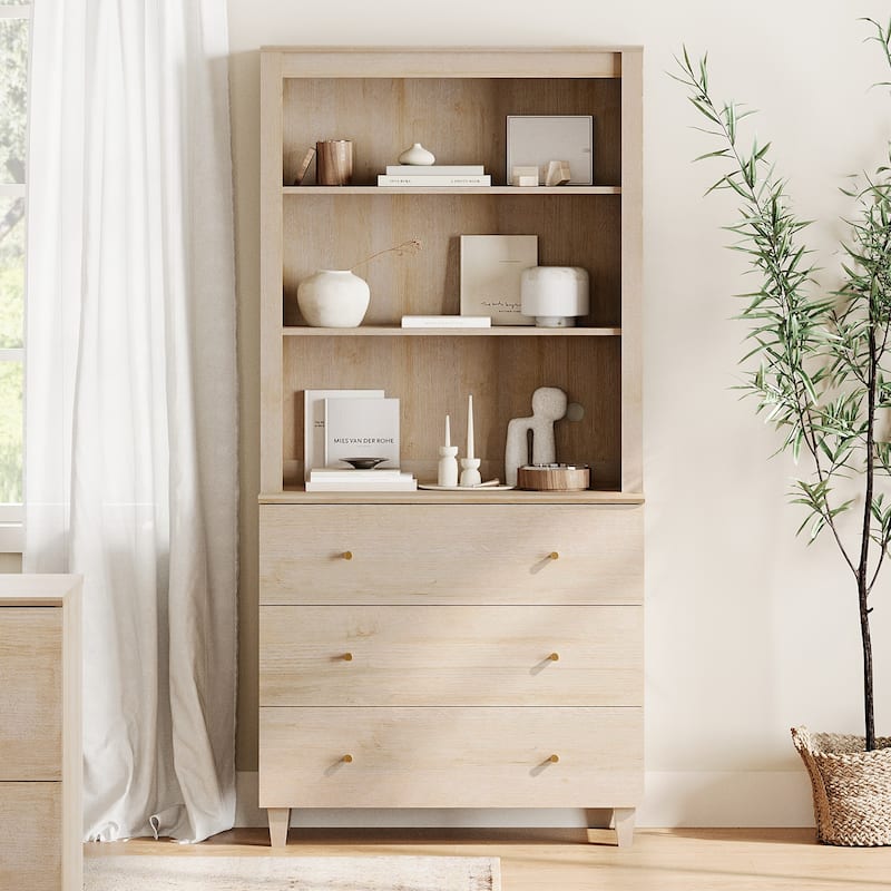 WAMPAT Modern 71 Inches Tall Bookcase with 3 Drawers, 3-Tier - Light Oak