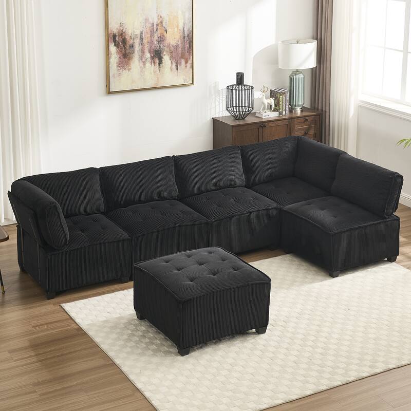 U-Shaped Modular Sectional Sofa, Oversized Corduroy Cloud Couch with Reversible Chaise, Comfy Convertible 6-Seat Corner Couch