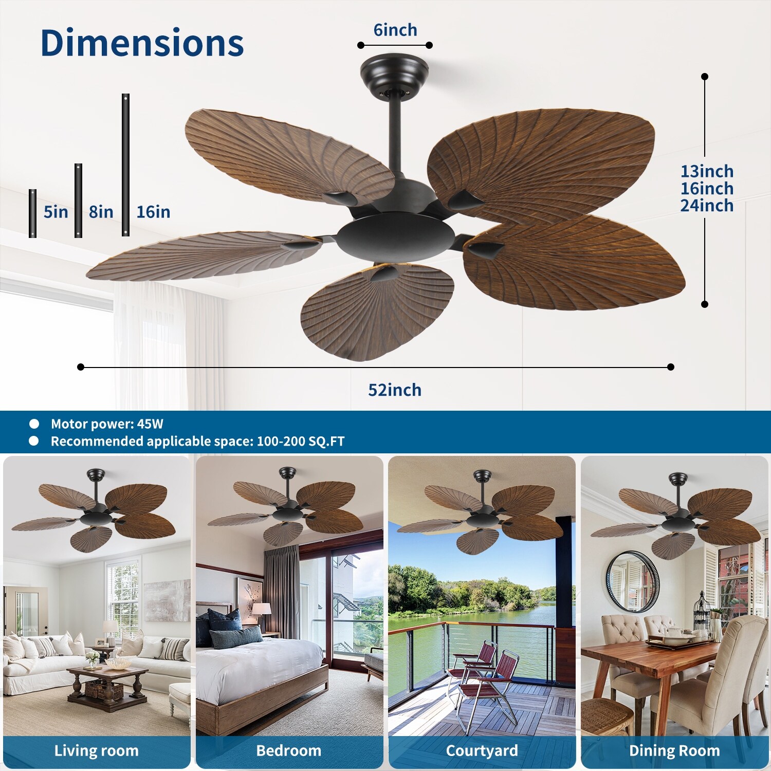 52 in. Indoor/Outdoor Brown Retro 5-Palm Leaf Shaped Blades