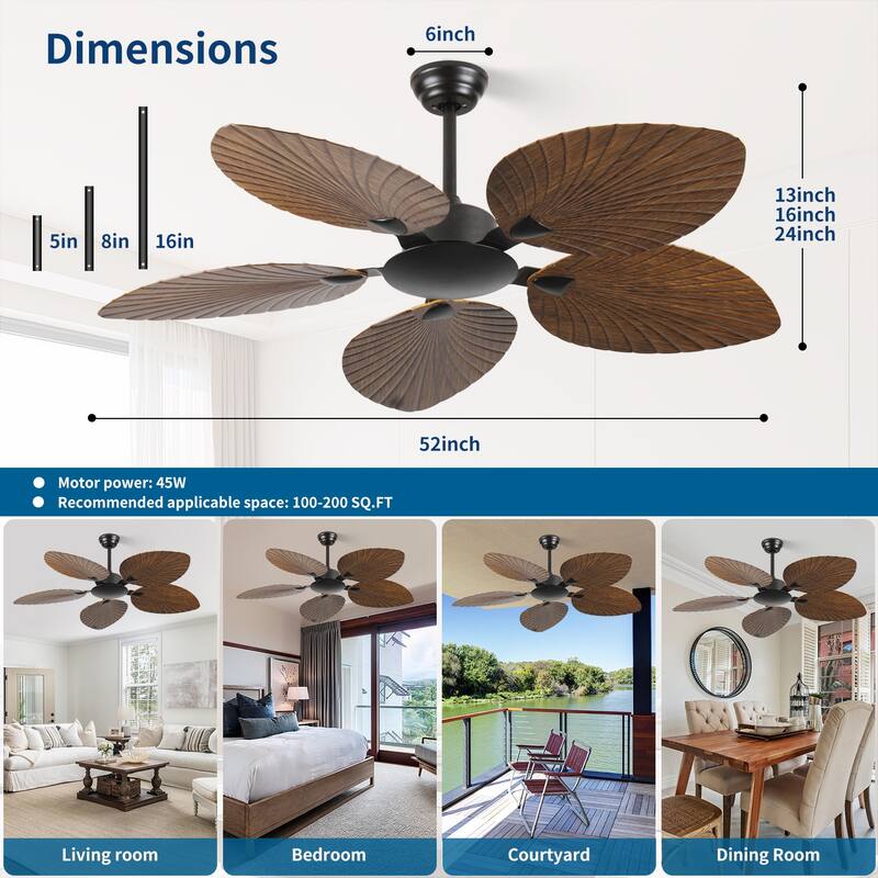 52 in. Indoor/Outdoor Brown Retro 5-Palm Leaf Shaped Blades Tropical Ceiling Fan without Light