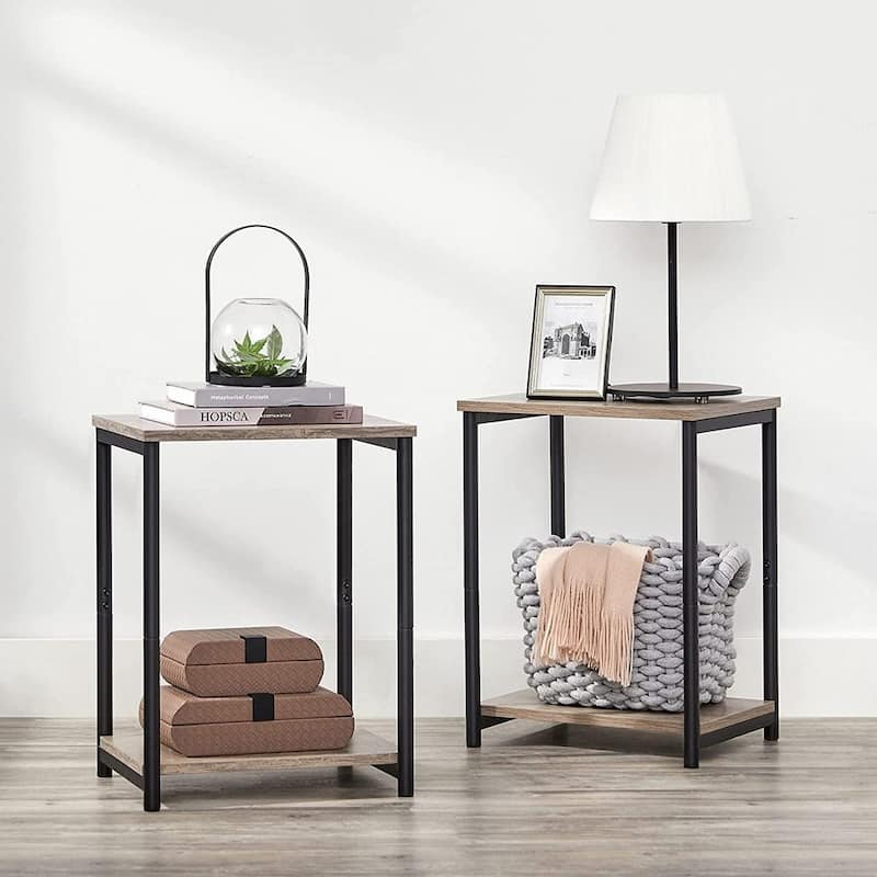 Greige Black Industrial Side Tables Set of 2 with Storage Shelves Steel Frame and Adjustable Feet - 15.2"L x 11.8"W x 19.7"H