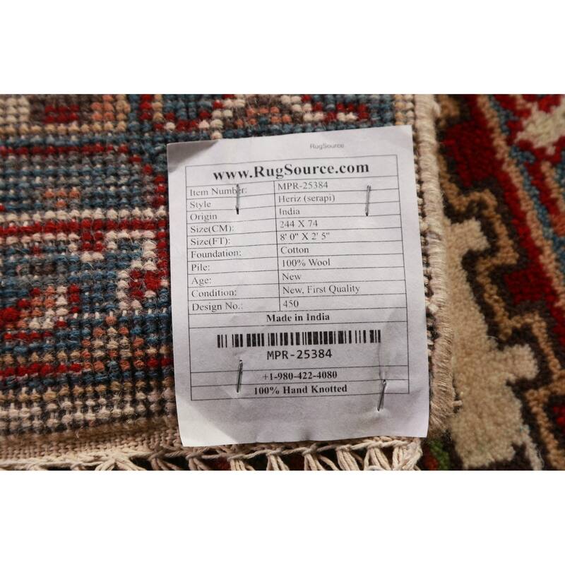 Ivory Heriz Serapi Indian Runner Rug Hand-Knotted Wool Carpet - 2'5"x 8'0"