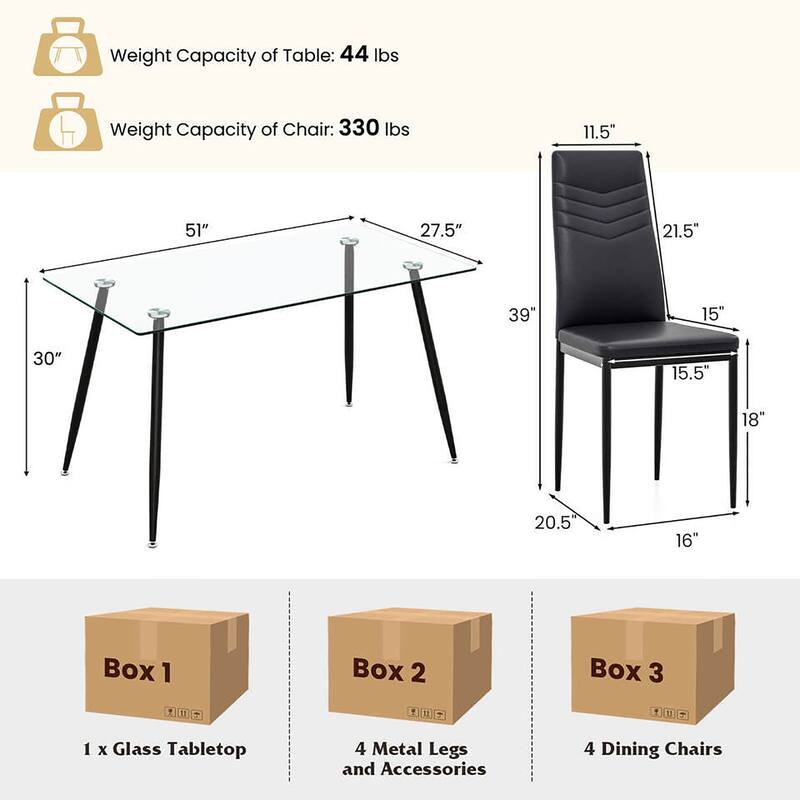 Gymax 5 PCS 51'' Rectangle Dining Set 0.3'' Thick Glass Table w/ 4