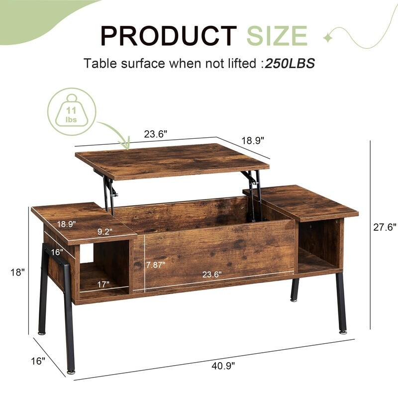 Wood Lift Top Coffee Table - 18.9"D x 40.9"W x 27.6"H