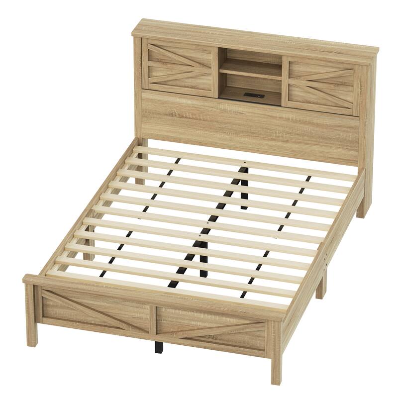 Rustic Platform Bed 3-Pieces Bedroom Sets with Storage Nightstand and Dresser, Wooden Platform Bed with Charging Station