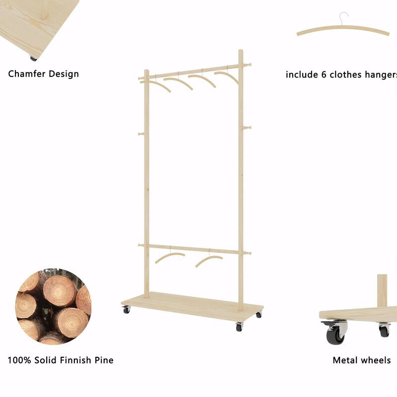 Solid Wood Garment Rack with Wheels & 6 Hangers - Space Saving