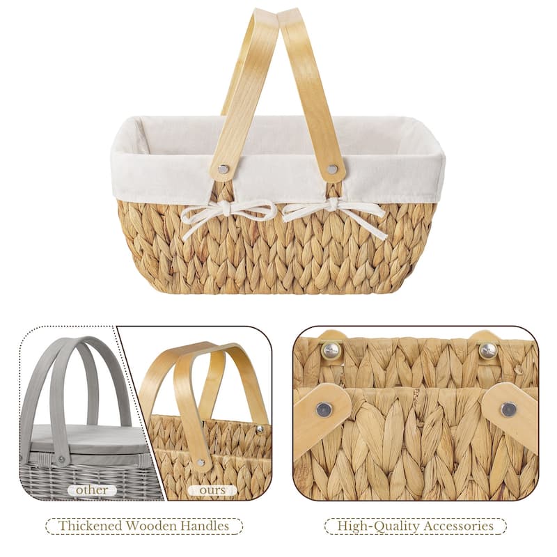 Wicker Basket with Wood Handle, Water Hyacinth Basket for Easter, Gift, Picnic - 15"D x 9.75"W x 7"H