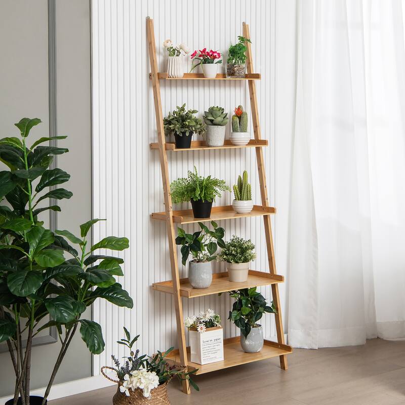 Gymax 5-Tier Bamboo Ladder Shelf Wall-Leaning Bookshelf Display