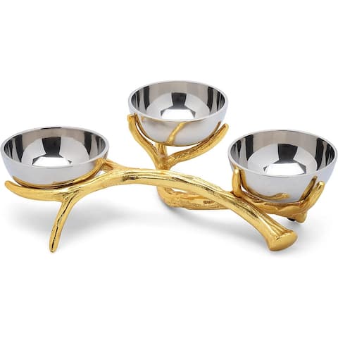 Berkware Shiny Nickel Plated Three Sectional Bowl on Gold Branch Base Textured Serving Bowl