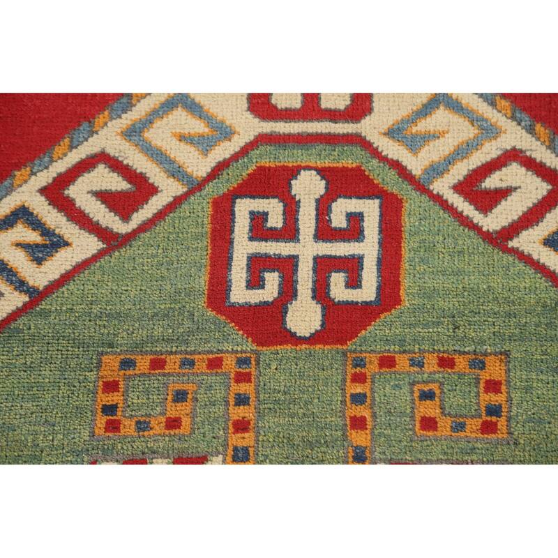 Green & Red Kazak Area Rug Hand-Knotted Wool Carpet - 6'7" x 9'7"