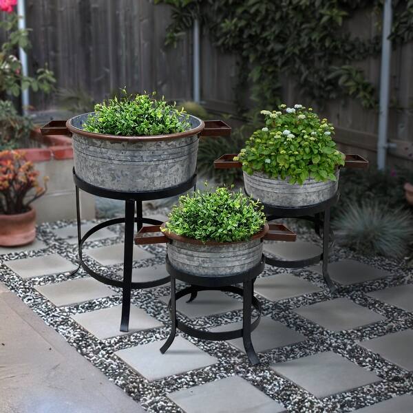 slide 2 of 10, 3 Piece Round Tub Metal Planter Set with Stand in Galvanized - 51.5 H x 38 W x 54.5 L Inches