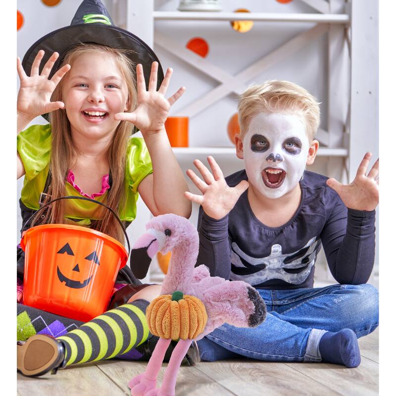 DolliBu Soft Pink Flamingo Stuffed Animal with Pumpkin Plush Decor - 10 inches