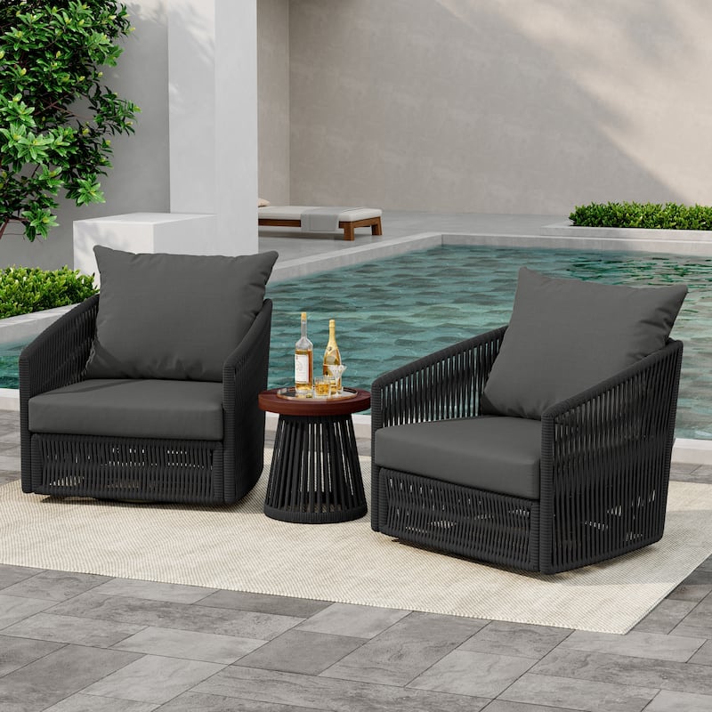 3-Piece Outdoor Rattan Swivel Lounge Chair Set Barrel Chairs for Backyard