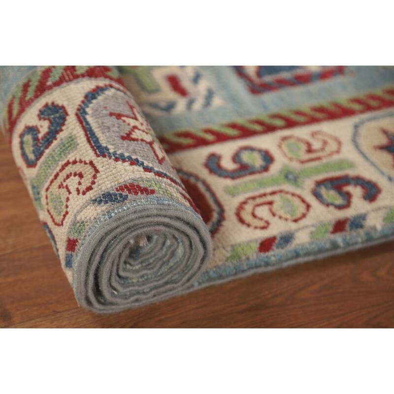 Light Blue Kazak Runner Rug Hand-Knotted Geometric Wool Carpet - 3'4" x 16'0"