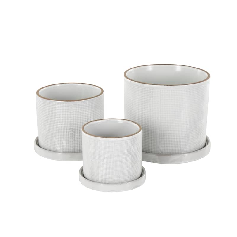 Ceramic Geometric Grid Patterned Indoor Outdoor Planter with Brown Accents and Base Tray - Set of 3 White - Roche River Decor