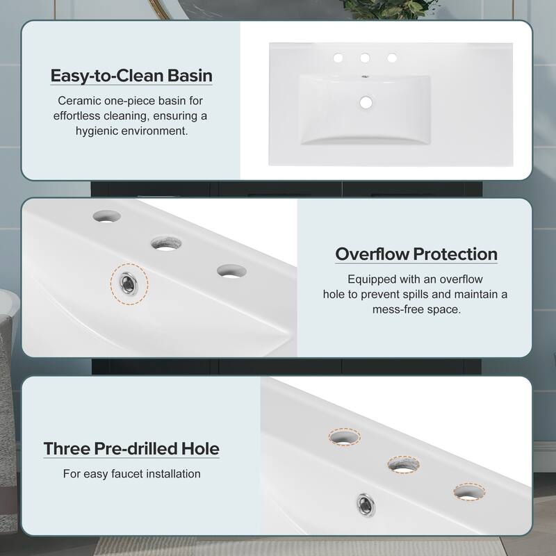 Roomfitters 36" Bathroom Vanity with Ceramic Sink Combo, Abundant Storage Cabinet with 2 Soft Close Doors and 5 Drawers