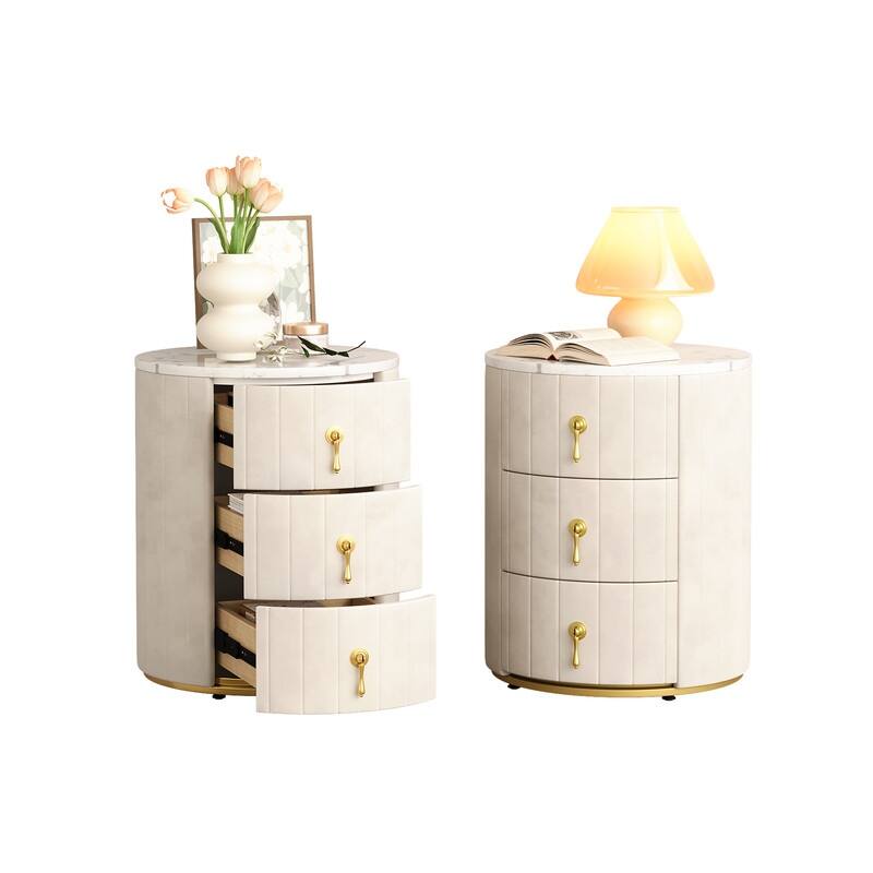 2 Set Upholstered Nightstand with 3 Drawers, Round Bedside Table with Metal Handles,Marbling Stickers Top Night Table