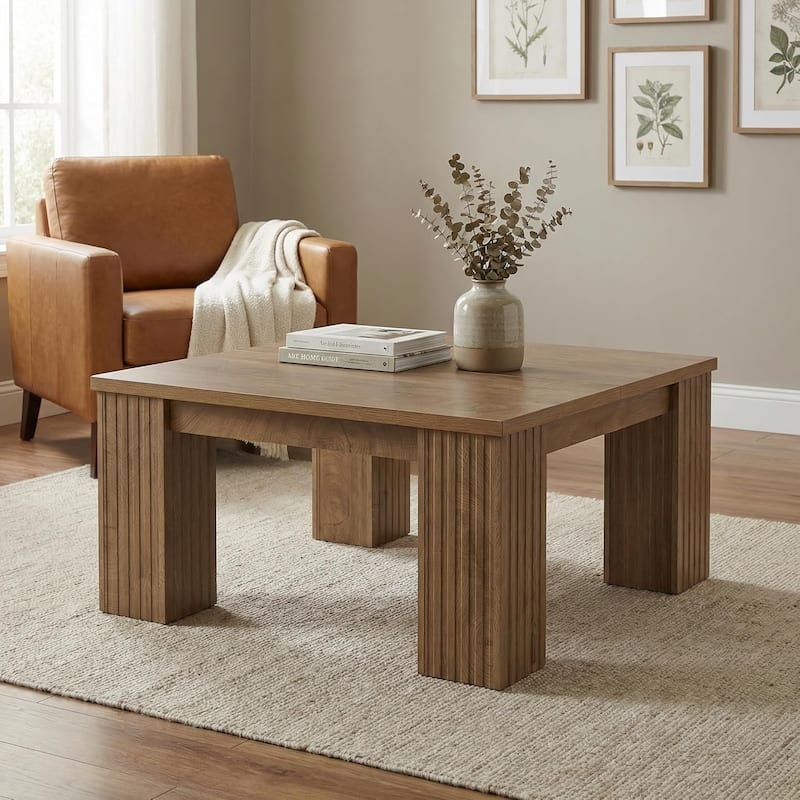 Farmhouse Square Coffee Table, 39-Inch Wooden Coffee Table, Large Center Table for Living Room - Brown