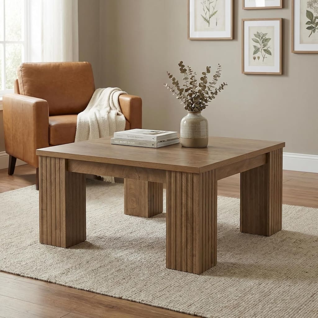 Farmhouse Square Coffee Table, 39-Inch Wooden Coffee Table, Large Center Table for Living Room