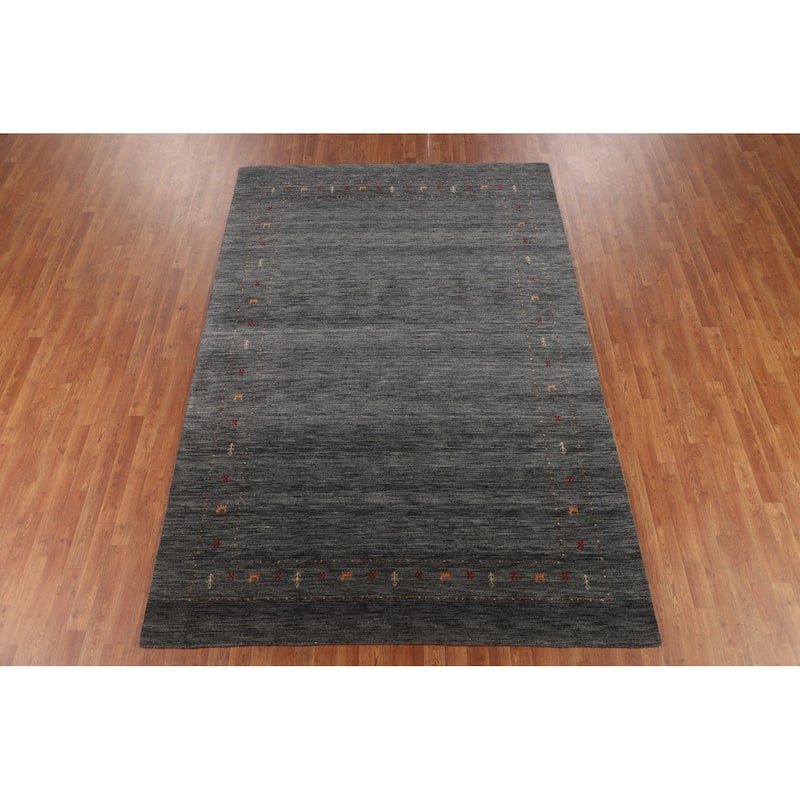 Tribal Green Gabbeh Indian Area Rug Handmade Wool Carpet - 6'8"x 9'9"