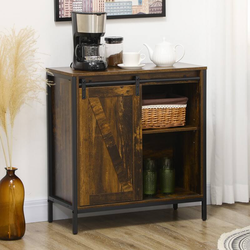 Farmhouse Sideboard Buffet Cabinet, Coffee Bar Cabinet with Sliding Barn Door and Adjustable Shelf