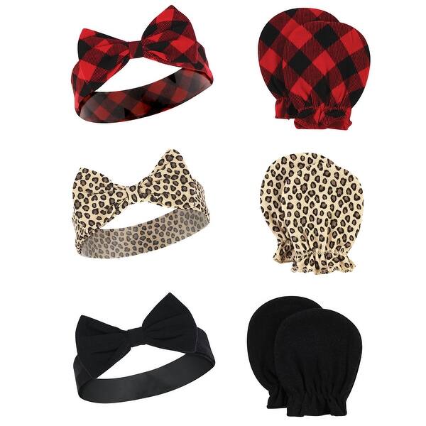 slide 1 of 1, Hudson Baby Infant Girl Cotton Headband and Scratch Mitten Set, Buffalo Plaid Leopard, 0-6 Months - Buffalo Plaid Leopard Buffalo Plaid Leopard - 0-6 Months