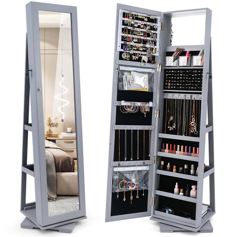 Costway 360degree Rotatable Jewelry Cabinet 2-in-1 Lockable Mirrored - See Details - Gray