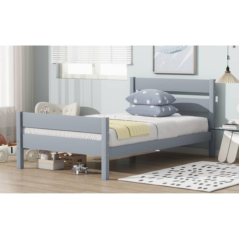 Roomfitters Twin Rubber Wood Bed Frame with Headboard and Footboard, Platform Support Design, No Box Spring Needed, Grey