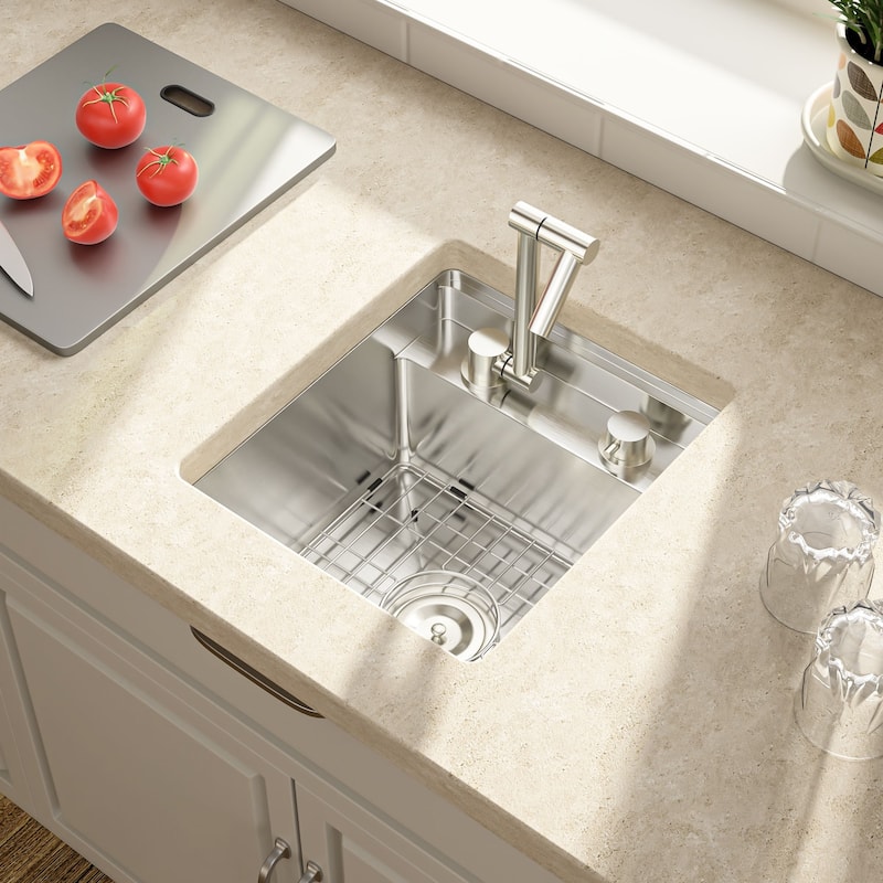 Lordear 17" Stainless Steel Sink Undermount Workstation Single Bowl Bar Sink or Kitchen Sink with Folding Faucet