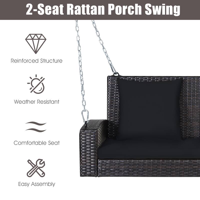 Costway 2-Person Patio Rattan Hanging Porch Swing Bench Chair Cushion
