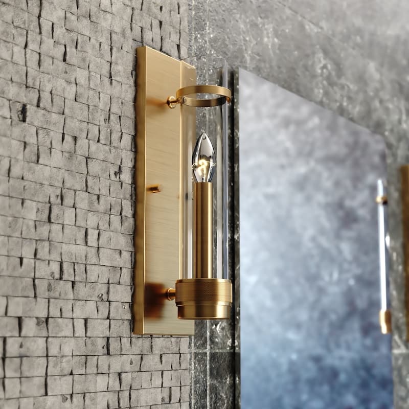 Bari 1 Light Contemporary Wall Sconce with Clear Cylinder Glass - Satin Brass - 4.25-in W x 14-in H x 4.25-in D