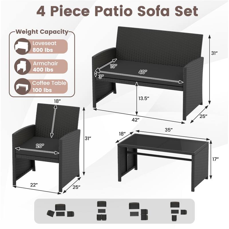 4 Piece Outdoor Patio Furniture Set Black Rattan Loveseat Armchairs and Coffee Table with Cushions