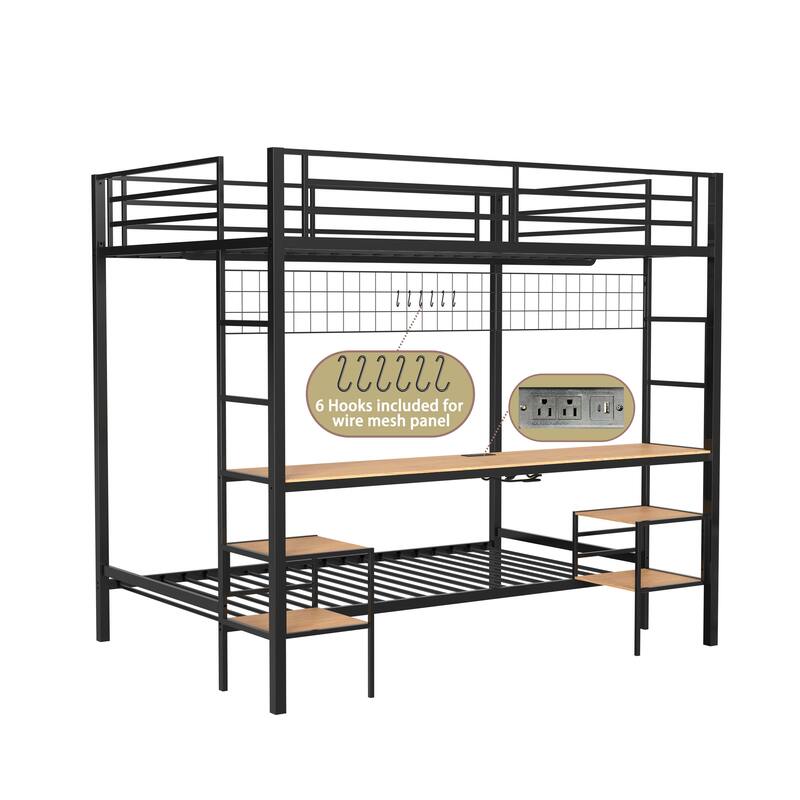 Full Over Twin Bunk Bed with Desk and Charging Station and Storage Shelves and Metal Wire Mesh Panel with Hooks,Guard & Stairs