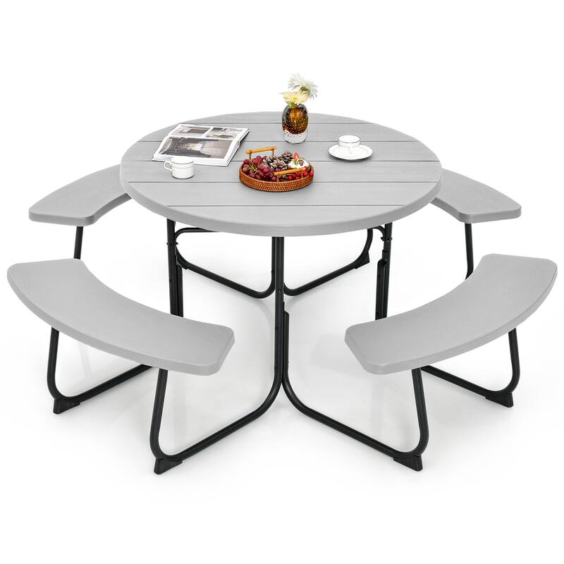 Costway Outdoor 8-person Round Picnic Table Bench Set with 4 Benches & - See Details - Grey