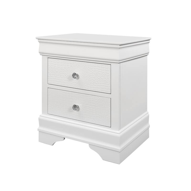 Contemporary Crocodile Texture Nightstand with Crystal Knobs - Metallic White