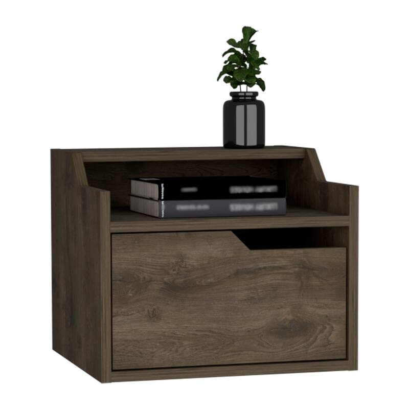 Floating Nightstand with Spacious Drawer, Dual-Tier Design, Dark Brown Finish for Wall Mounting