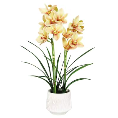 Yellow Burgundy Artificial Cymbidium Orchid Flower Arrangement 2 Stem in Leaf Pattern Ceramic Pot 24in - 24" H x 18" W x 8" DP