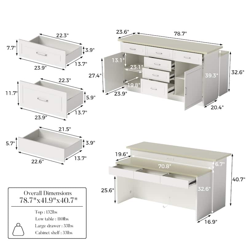 78.7" Kitchen Island with Faux Stone Top & Power Outlet Storage Cabinet with Drawers & Doors, Farmhouse White Kitchen Island