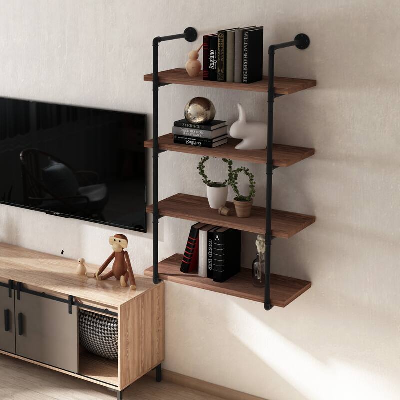 HOMCOM Industrial Pipe Style Shelf Multi-Tier Wall-Mounted Utility Bookcase Floating Storage Rack with Metal Frame, Rustic Brown