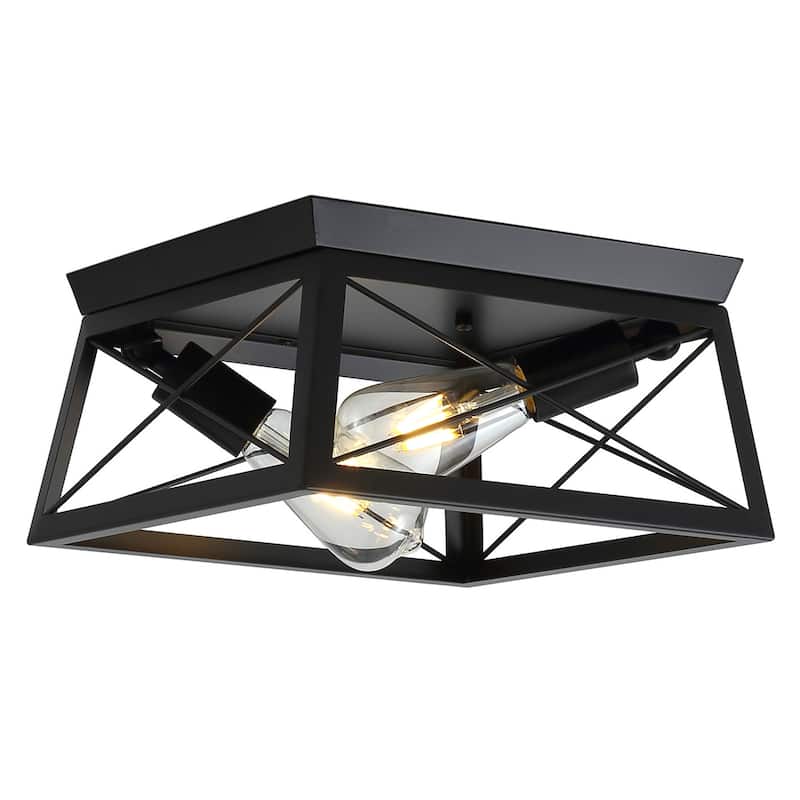 Industrial Black 2-Light Caged Flush Mount Ceiling Lamp