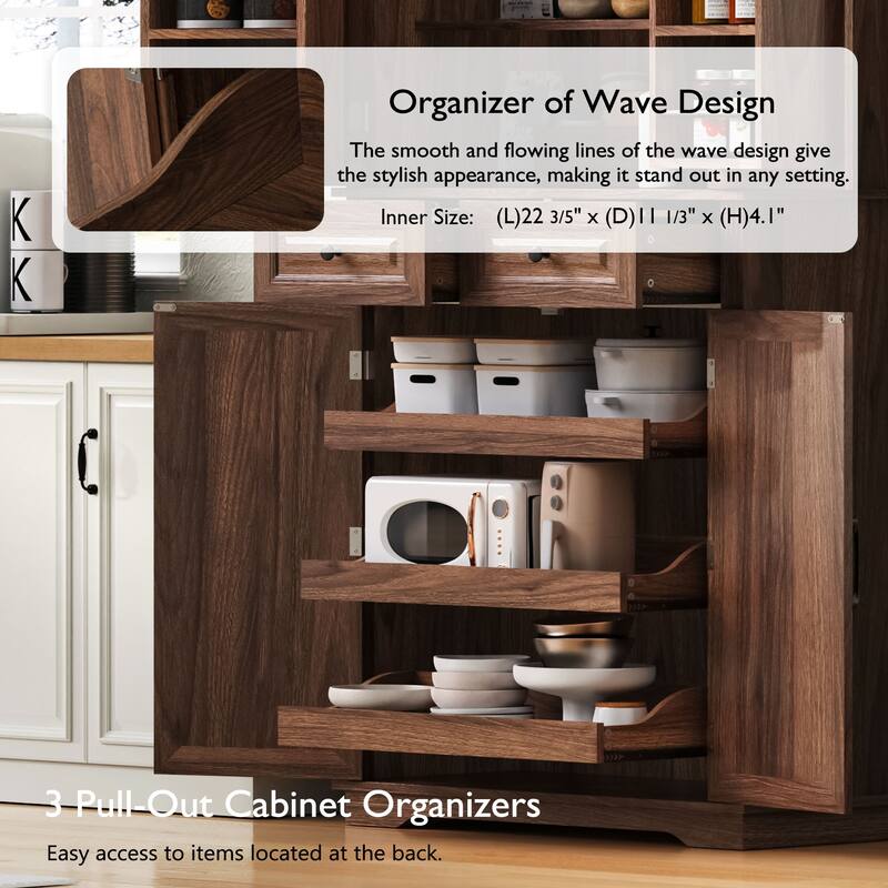 Kitchen Pantry Cabinet with 3 Pull Out Trays, Freestanding Buffet Cabinet with Adjustable Shelves, 2 Door Organizers & 2 Drawers